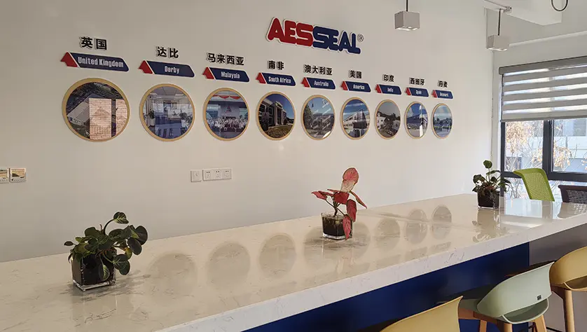 A wall at AESSEAL Ningbo showing various AESSEAL worldwide locations.