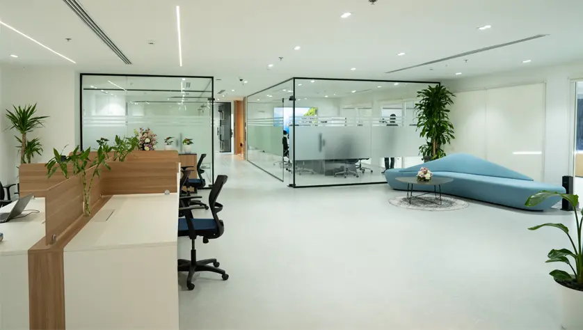A light, open-plan office and welcome area.