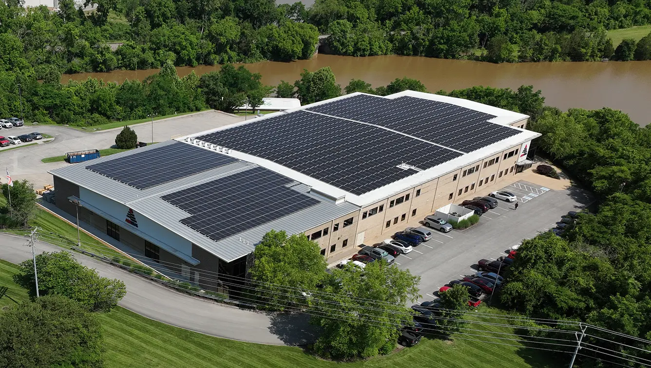 Aerial shot of AESSEAL Inc Rockford showing solar panels