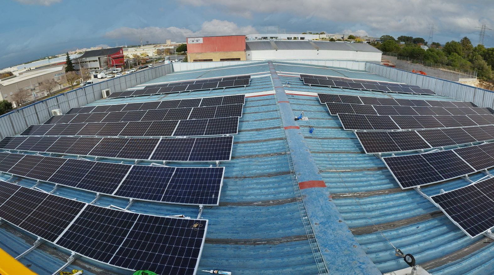 Rooftop view of solar panels at AESSEAL Tarragona