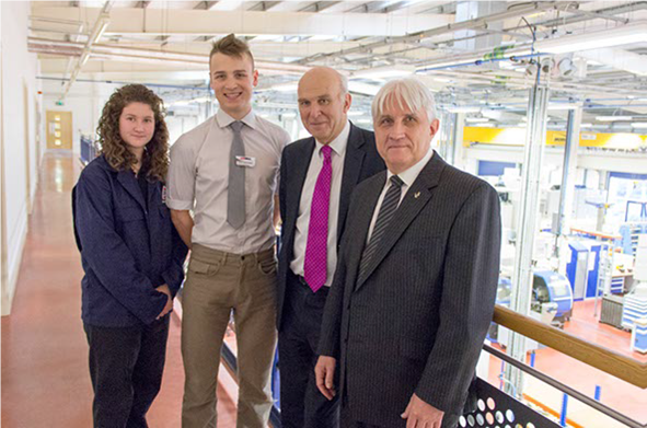 Business Secretary Vince Cable is introduced to apprentice Madeleine Kearney and new employee Luke Purshouse by AESSEAL® Managing Director Chris Rea during his visit to the AESSEAL Headquarters in Rotherham