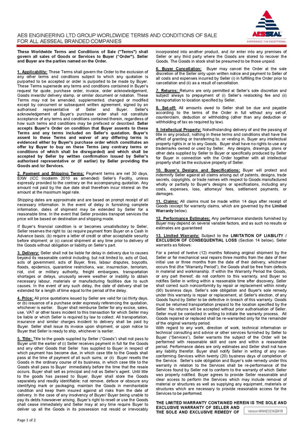 AES Engineering Group worldwide terms and conditions of sale.