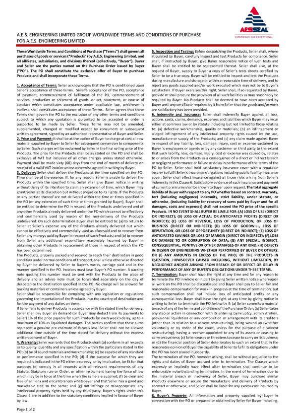 AES Engineering Group worldwide terms and conditions of purchase document.